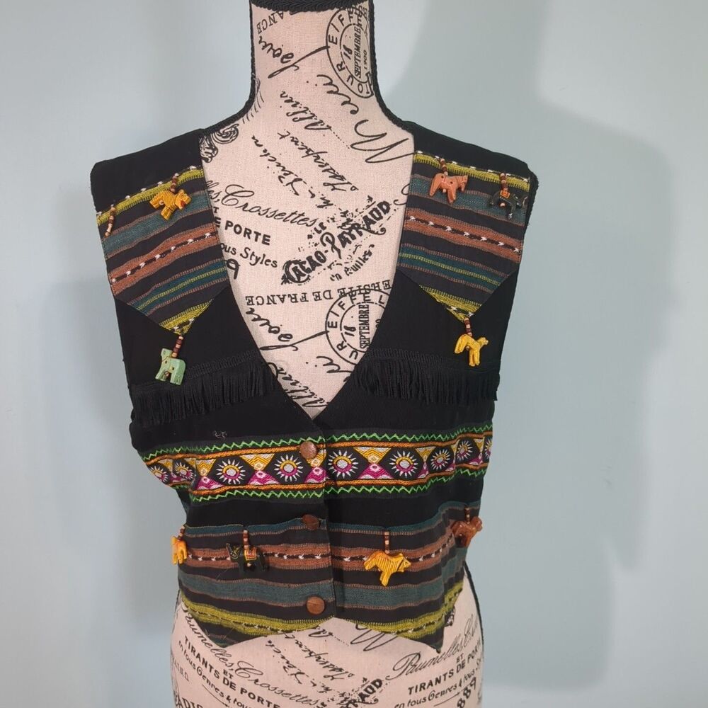 Vintage INStyle Black Wooden Animal Beaded Embroidered Vest Medium